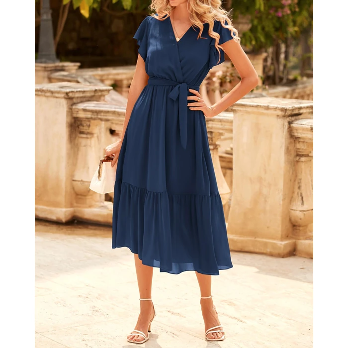 BTFBM Women Summer Bohemian Floral Casual Wrap V Neck Ruffle Cap Sleeveless Belt A-Line Pleated Hem Midi Sun Dress(Solid Navy,Small) by BTFBM - Image 2
