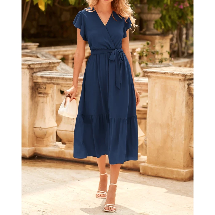 BTFBM Women Summer Bohemian Floral Casual Wrap V Neck Ruffle Cap Sleeveless Belt A-Line Pleated Hem Midi Sun Dress(Solid Navy,Small) by BTFBM - Image 3