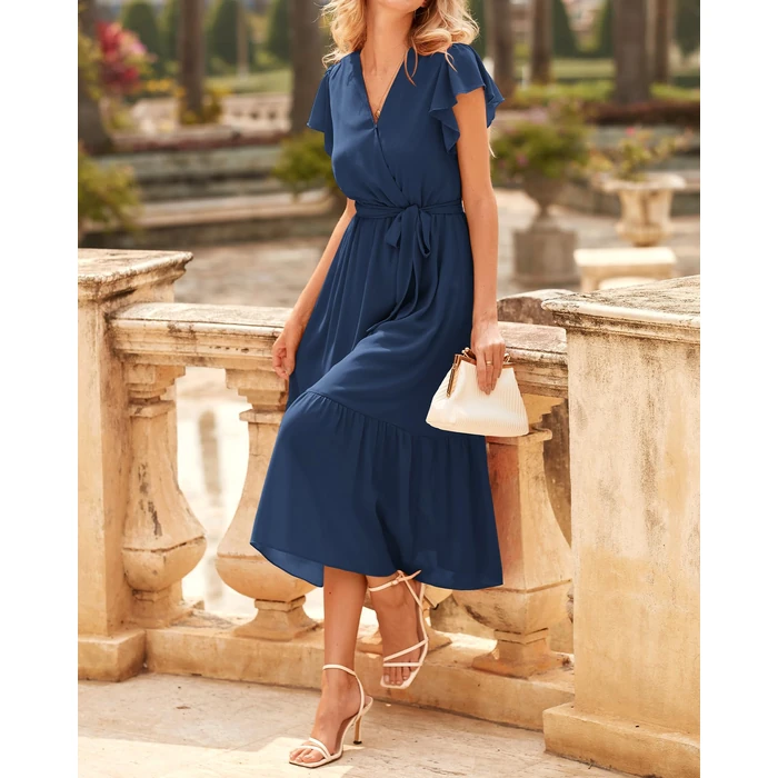 BTFBM Women Summer Bohemian Floral Casual Wrap V Neck Ruffle Cap Sleeveless Belt A-Line Pleated Hem Midi Sun Dress(Solid Navy,Small) by BTFBM - Image 4