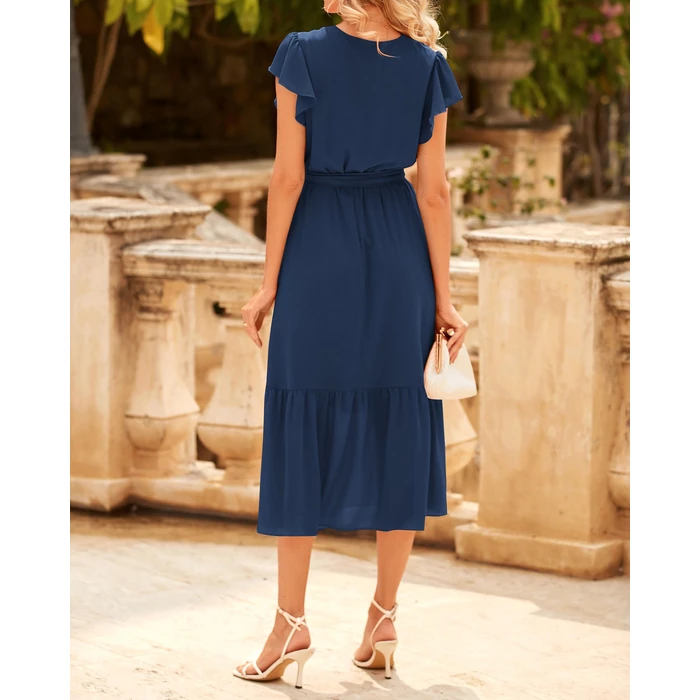 BTFBM Women Summer Bohemian Floral Casual Wrap V Neck Ruffle Cap Sleeveless Belt A-Line Pleated Hem Midi Sun Dress(Solid Navy,Small) by BTFBM - Image 5