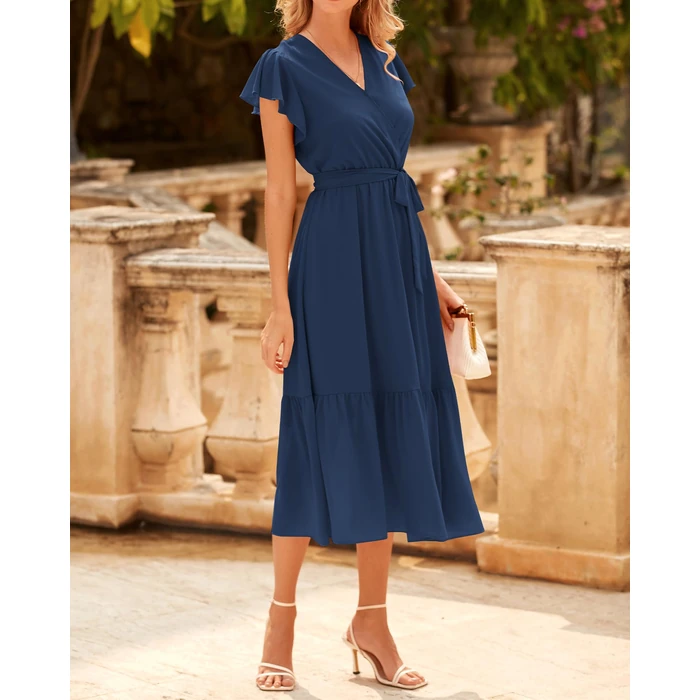 BTFBM Women Summer Bohemian Floral Casual Wrap V Neck Ruffle Cap Sleeveless Belt A-Line Pleated Hem Midi Sun Dress(Solid Navy,Small) by BTFBM - Image 7