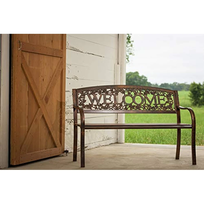 Leigh Country Metal Outdoor Bench, Welcome Design, Decorative Patio Seating for Porch/Deck by Leigh Country - Image 5