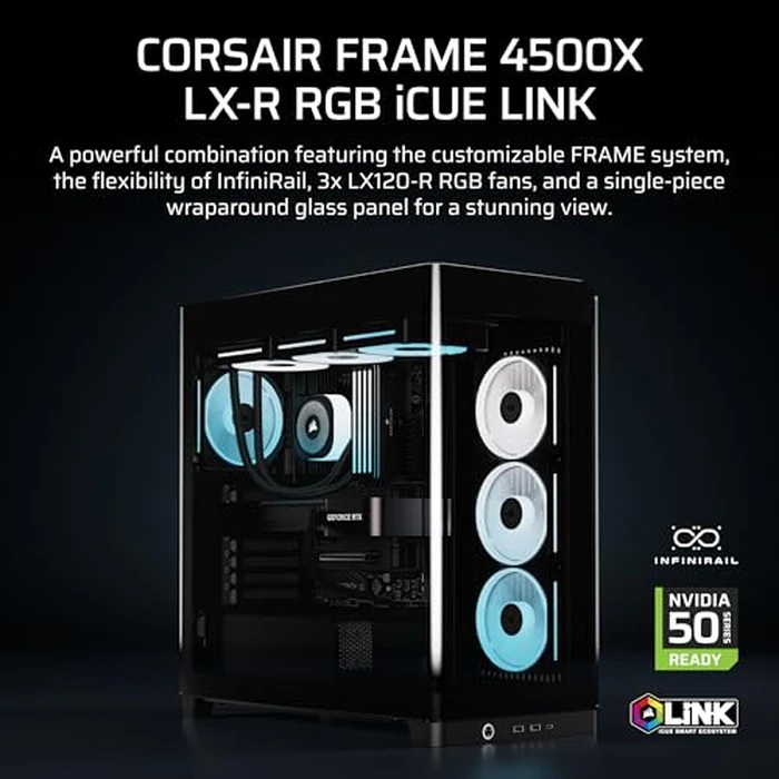 CORSAIR Frame 4500X LX-R RGB Link Panoramic Glass Mid-Tower PC Case - InfiniRail Mounting System, Fits Dual 360mm Radiators, GPU Anti-Sag, 3X LX120R RGB Link Fans Included - Black by Corsair - Used - Very Good condition - CA$190.41