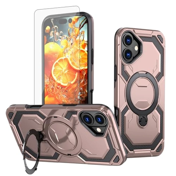 Asuwish Phone Case for iPhone 16 6.1 inch and Magnetic Ring Holder Kickstand with Tempered Glass Screen Protector Cover Accessories Hybrid Slim Cell Protective i Phone16 i16 16Case Women Men Rose Gold by Asuwish - Used - Like New condition