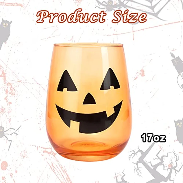 Whaline 3 Pieces Halloween Stemless Wine Glasses 17Oz Clear Orange Jack-O-Lantern Drinking Glasses Spooky Expressions Tumbler Cups for Halloween Party Birthday Housewarming Gifts Cocktail Beverage by Whaline - Image 2