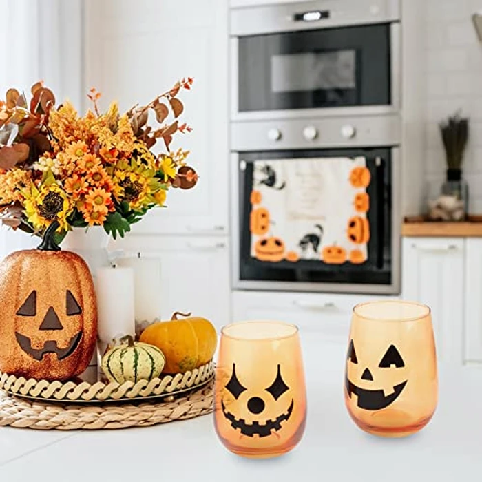 Whaline 3 Pieces Halloween Stemless Wine Glasses 17Oz Clear Orange Jack-O-Lantern Drinking Glasses Spooky Expressions Tumbler Cups for Halloween Party Birthday Housewarming Gifts Cocktail Beverage by Whaline - Image 6