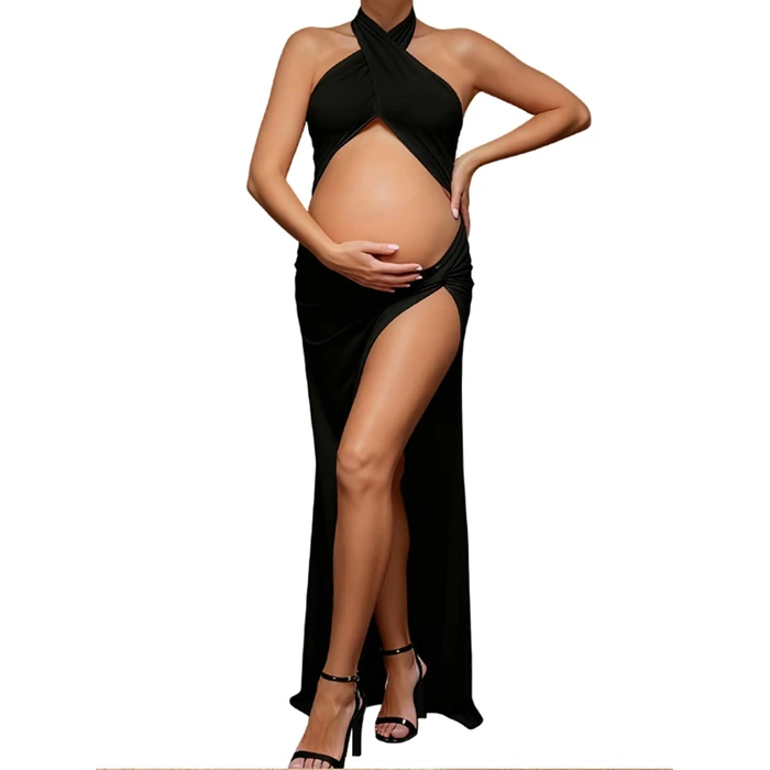 QIAIYALA Elegant Black Maternity Dress Cut Out Backless with Halter Neck and Side Slit - High Waist Stretchy Gown Open Belly Photoshoot S by QIAIYALA - Image 4
