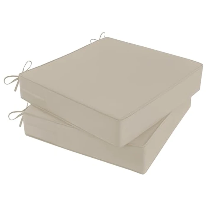 MJIAIDEA Outdoor Chair Cushions Set of 2 for Patio Furniture 19x19x4 Inch Waterproof Patio Chair Cushion 3 Year Color Fastness Square Elastic Foam Garden Couch Pads with Ties and Handle,Khaki by MJIAIDEA - Used - Good condition