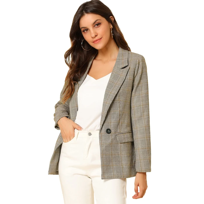 Allegra K Women's Notched Lapel One Button Boyfriend Blazer Suit Plaid Blazer Jacket Medium Light Coffee by Allegra K - Used - Like New condition - US$25.14