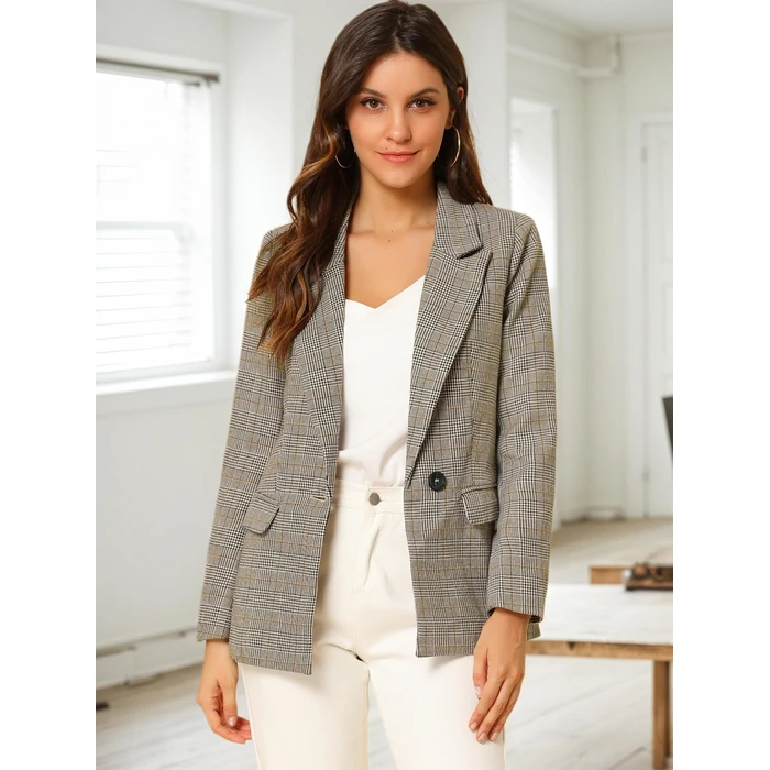 Allegra K Women's Notched Lapel One Button Boyfriend Blazer Suit Plaid Blazer Jacket Medium Light Coffee by Allegra K - Image 4