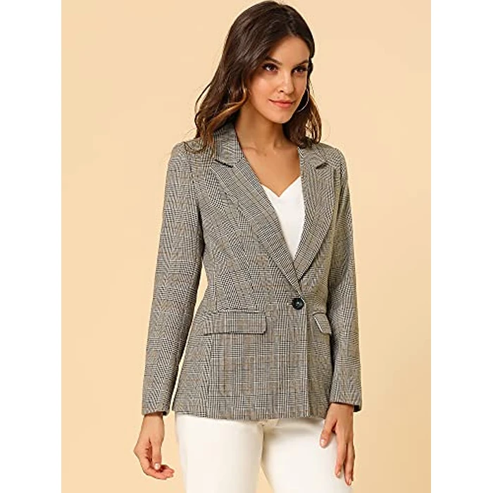 Allegra K Women's Notched Lapel One Button Boyfriend Blazer Suit Plaid Blazer Jacket Medium Light Coffee by Allegra K - Image 8