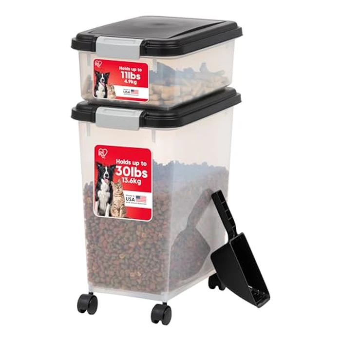 IRIS USA Dog Food Storage Container 30 lb + 11lb Airtight Combo, Stackable Pet Food Storage Bin with Wheels for Cat Dog Food, BPA Free, Made in USA, Black by IRIS USA - Image 1