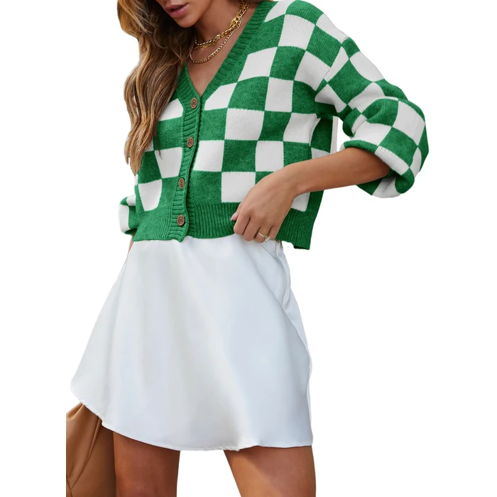 Dokotoo Winter Clothing for Women Cardigan Sweaters for Women Button Up Long Sleeve Cable Knit Cropped Sweater 2025 Fall Clothes V Neck Plaid Sweaters Fashion Loose Cardigans Coats Outerwear Green XL by Dokotoo - Used - Like New condition - US$32.29