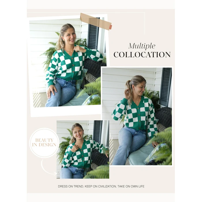 Dokotoo Winter Clothing for Women Cardigan Sweaters for Women Button Up Long Sleeve Cable Knit Cropped Sweater 2025 Fall Clothes V Neck Plaid Sweaters Fashion Loose Cardigans Coats Outerwear Green XL by Dokotoo - Image 4