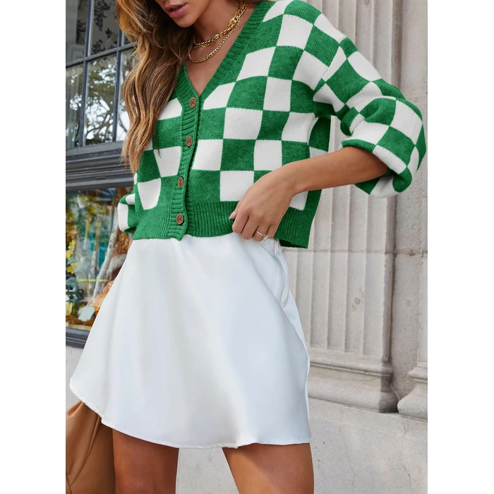 Dokotoo Winter Clothing for Women Cardigan Sweaters for Women Button Up Long Sleeve Cable Knit Cropped Sweater 2025 Fall Clothes V Neck Plaid Sweaters Fashion Loose Cardigans Coats Outerwear Green XL by Dokotoo - Image 7