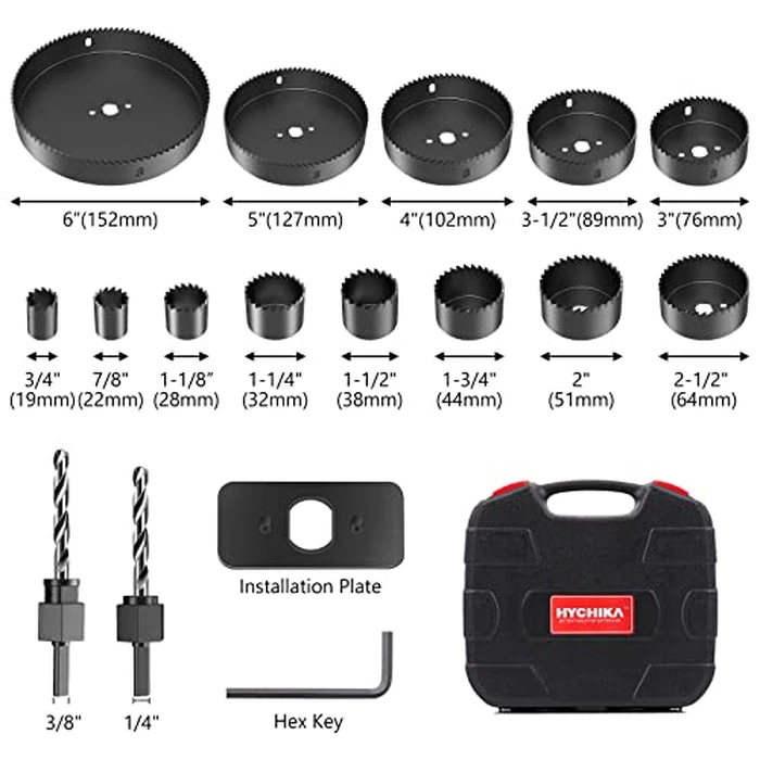Hole Saw Set HYCHIKA 19 Pcs Hole Saw Kit with 3/4"-6"(19-152mm) 13Pcs Saw Blades, 2 Mandrels, 2 Drill Bits, 1 Installation Plate, 1 Hex Key, Ideal for Soft Wood, Plywood, Drywall, PVC by HYCHIKA BETTER TOOLS FOR BETTER LIFE - Image 2