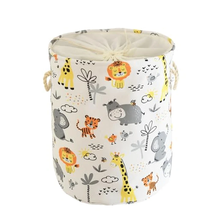 INough Baby Laundry Basket Cute Anima Kids Hamper for Room Decor, 42L Round Storage Basket With Handle for Boys Nursery, Dirty Clothes (Animals) by INough - Used - Good condition - CA$16.94
