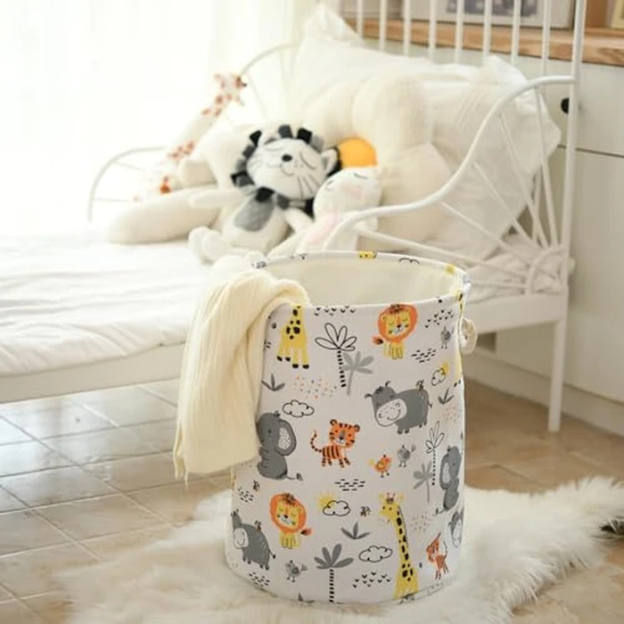 INough Baby Laundry Basket Cute Anima Kids Hamper for Room Decor, 42L Round Storage Basket With Handle for Boys Nursery, Dirty Clothes (Animals) by INough - Image 2