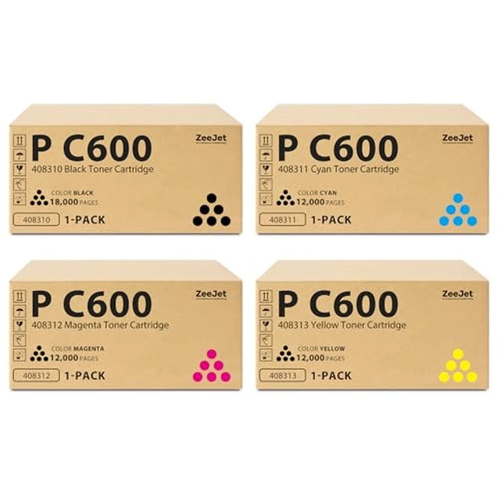 Zeejet P C600 PC600 Toner Cartridges Set Replacement for Ricoh Savin Lanier P C600 PC600 Printer Ink 408310 408311 408312 408313 Toner Cartridge 4-Pack Black Cyan Magenta Yellow by Zeejet - Image 1