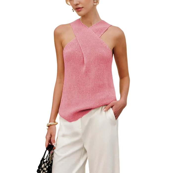 Yeokou Women Halter Cross Over Collar Tank Knit Sleeveless Top Solid Color Casual Summer Blouse(Pink-M) by Yeokou - Used - Like New condition