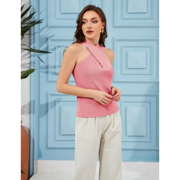 Yeokou Women Halter Cross Over Collar Tank Knit Sleeveless Top Solid Color Casual Summer Blouse(Pink-M) by Yeokou - Image 5