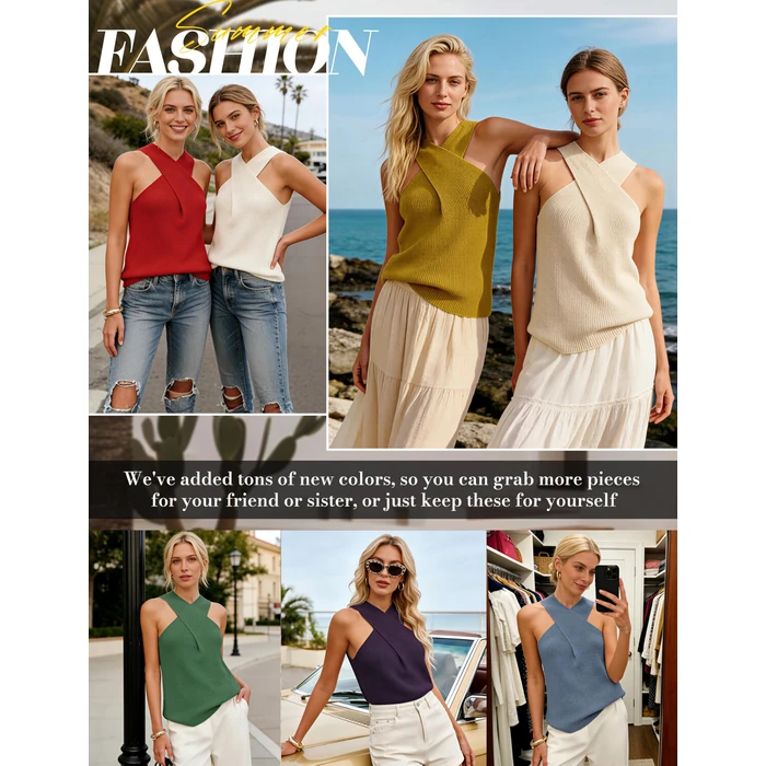 Yeokou Women Halter Cross Over Collar Tank Knit Sleeveless Top Solid Color Casual Summer Blouse(Pink-M) by Yeokou - Image 9