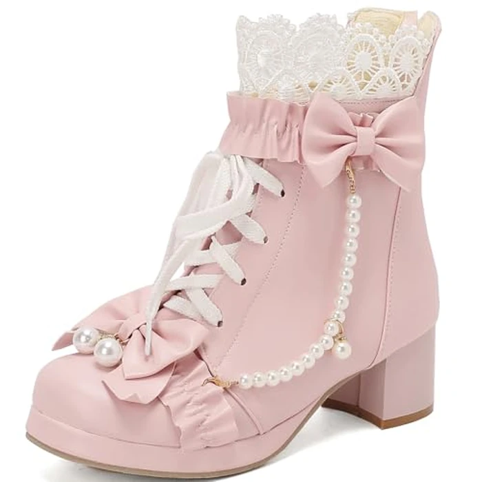 LUXMAX Women Cute Lolita Boots Chunky Mid Heel Ankle Boots with Bow Platform Lace Up Booties with Pearl Size 7 M US,Z-Pink by LUXMAX - Image 1