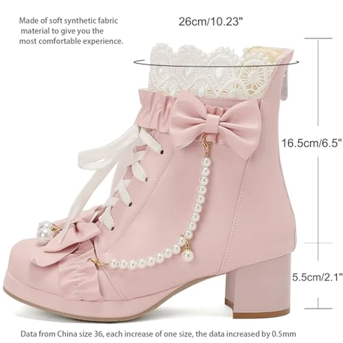 LUXMAX Women Cute Lolita Boots Chunky Mid Heel Ankle Boots with Bow Platform Lace Up Booties with Pearl Size 7 M US,Z-Pink by LUXMAX - Image 4