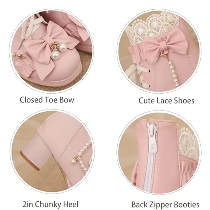 LUXMAX Women Cute Lolita Boots Chunky Mid Heel Ankle Boots with Bow Platform Lace Up Booties with Pearl Size 7 M US,Z-Pink by LUXMAX - Image 5