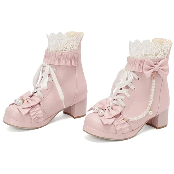 LUXMAX Women Cute Lolita Boots Chunky Mid Heel Ankle Boots with Bow Platform Lace Up Booties with Pearl Size 7 M US,Z-Pink by LUXMAX - Image 6