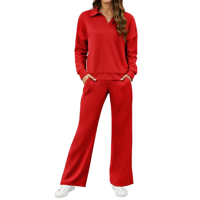 SHESHOW Track Suits Women 2 Piece Outfits 2-Stripes Wide Leg Pants with Pockets Sweatsuits for Womens Red S by SHESHOW - Image 1