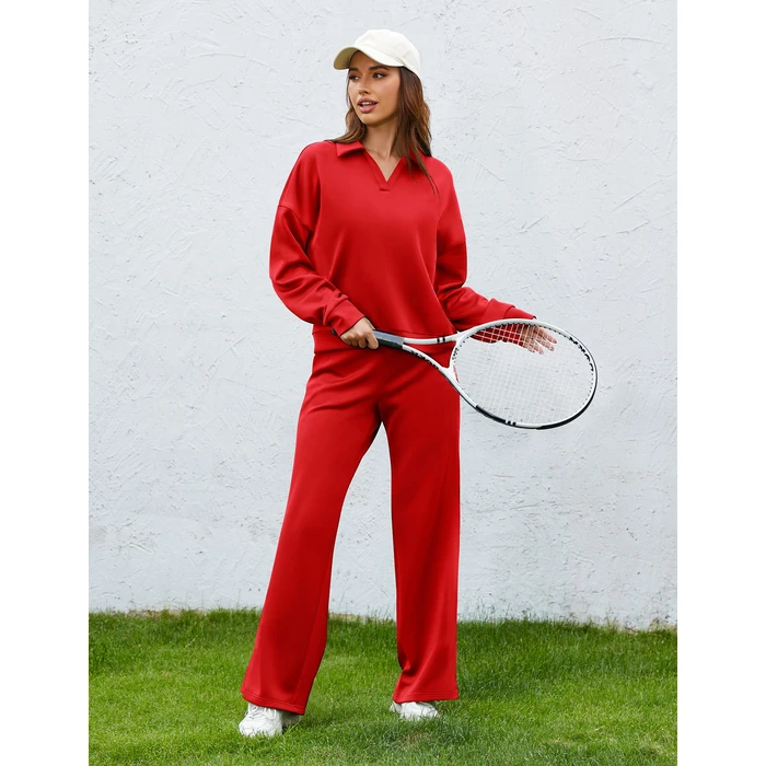 SHESHOW Track Suits Women 2 Piece Outfits 2-Stripes Wide Leg Pants with Pockets Sweatsuits for Womens Red S by SHESHOW - Image 2