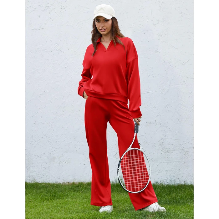 SHESHOW Track Suits Women 2 Piece Outfits 2-Stripes Wide Leg Pants with Pockets Sweatsuits for Womens Red S by SHESHOW - Image 4