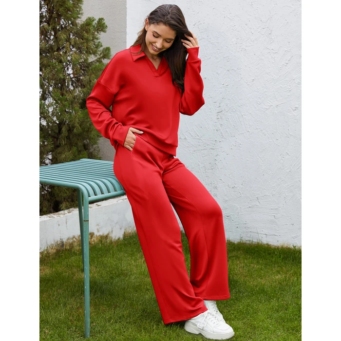 SHESHOW Track Suits Women 2 Piece Outfits 2-Stripes Wide Leg Pants with Pockets Sweatsuits for Womens Red S by SHESHOW - Image 5