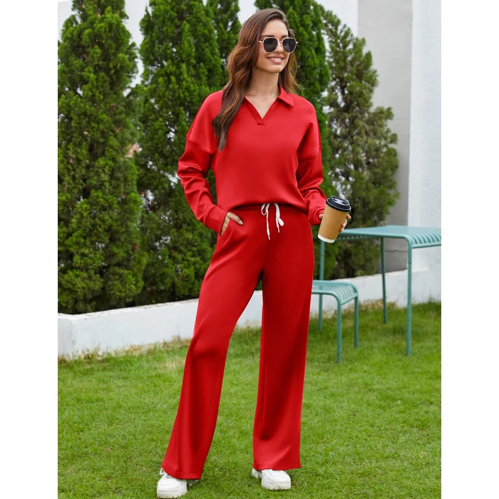 SHESHOW Track Suits Women 2 Piece Outfits 2-Stripes Wide Leg Pants with Pockets Sweatsuits for Womens Red S by SHESHOW - Image 6