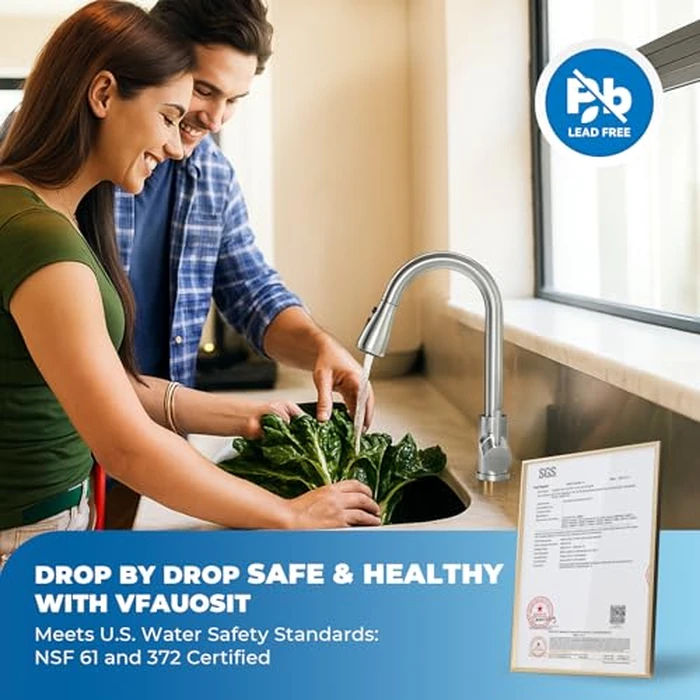 Kitchen Faucet with Pull Down Sprayer, VFAUOSIT Lead-Free Kitchen Sink Faucet Brushed Nickel Stainless Steel High Arc Pull Out Single Hole Kitchen Faucets for Pot Filler, Farmhouse RV Bar Laundry Room by VFAUOSIT - Image 2