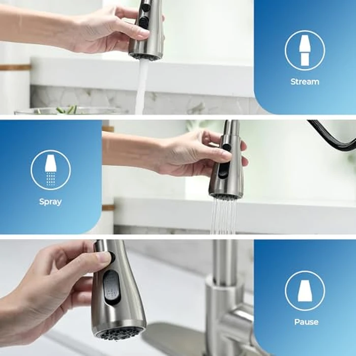 Kitchen Faucet with Pull Down Sprayer, VFAUOSIT Lead-Free Kitchen Sink Faucet Brushed Nickel Stainless Steel High Arc Pull Out Single Hole Kitchen Faucets for Pot Filler, Farmhouse RV Bar Laundry Room by VFAUOSIT - Image 3