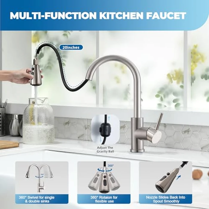 Kitchen Faucet with Pull Down Sprayer, VFAUOSIT Lead-Free Kitchen Sink Faucet Brushed Nickel Stainless Steel High Arc Pull Out Single Hole Kitchen Faucets for Pot Filler, Farmhouse RV Bar Laundry Room by VFAUOSIT - Image 4