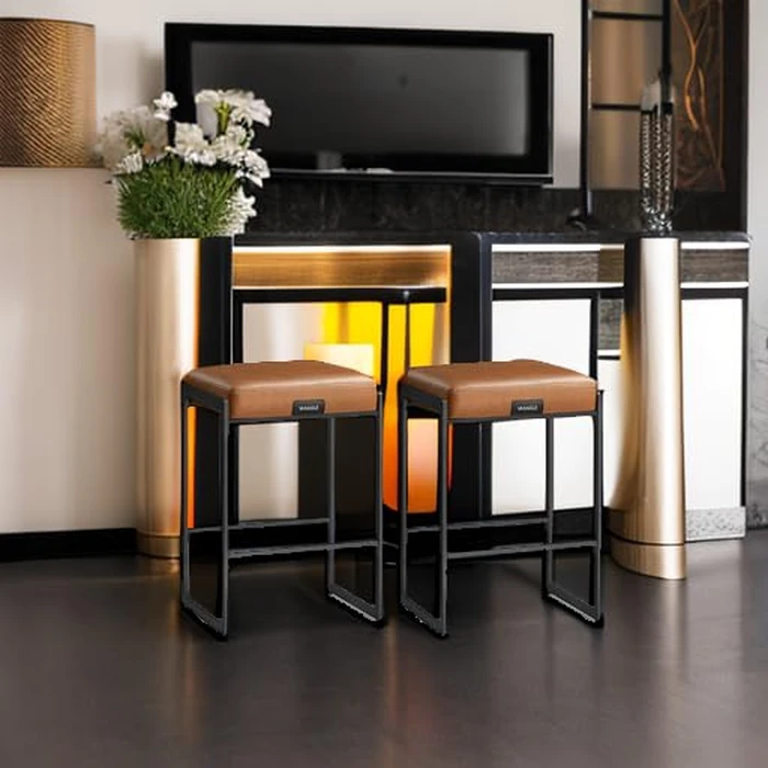 VASAGLE EKHO Collection - Bar Stools Set of 2, Kitchen Counter Stools, Synthetic Leather with Stitching, Mid-Century Modern, 26-Inch Tall, Home Bar Dining Room, Easy Assembly, Caramel Brown ULBC086K01 by VASAGLE - Image 2