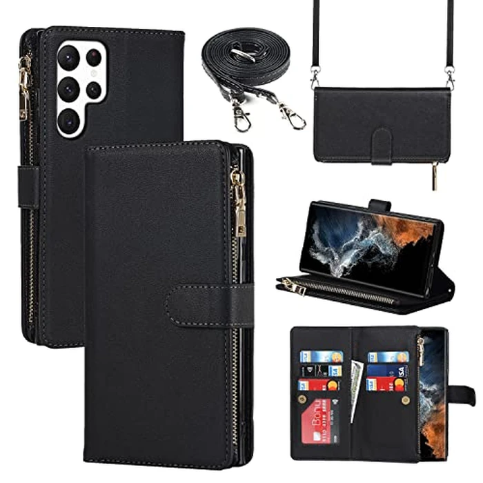 Cavor for Samsung Galaxy S22 Ultra Case Wallet,S22 Ultra Phone Case，S22 Ultra Wallet Case,for Samsung S22 Ultra Crossbody Case with Strap,Leather Kickstand Zipper Pocket Shockproof Cover,Black by Cavor - Image 1