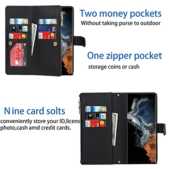 Cavor for Samsung Galaxy S22 Ultra Case Wallet,S22 Ultra Phone Case，S22 Ultra Wallet Case,for Samsung S22 Ultra Crossbody Case with Strap,Leather Kickstand Zipper Pocket Shockproof Cover,Black by Cavor - Image 3