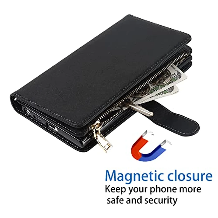 Cavor for Samsung Galaxy S22 Ultra Case Wallet,S22 Ultra Phone Case，S22 Ultra Wallet Case,for Samsung S22 Ultra Crossbody Case with Strap,Leather Kickstand Zipper Pocket Shockproof Cover,Black by Cavor - Image 5