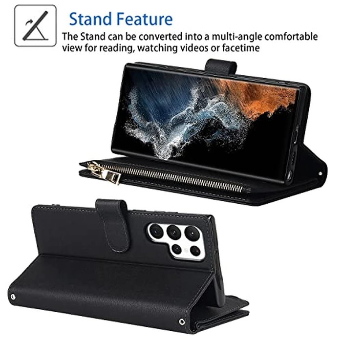 Cavor for Samsung Galaxy S22 Ultra Case Wallet,S22 Ultra Phone Case，S22 Ultra Wallet Case,for Samsung S22 Ultra Crossbody Case with Strap,Leather Kickstand Zipper Pocket Shockproof Cover,Black by Cavor - Image 6