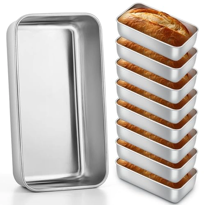 E-far 8 Pack Stainless Steel Loaf Pans, 9x5 Inch Bread Bread Pans, Metal Bakeware for Baking Bread Cake Meatloaf Brownies, Healthy & Non Toxic, Easy Release & Dishwasher Safe by E-far - Image 1