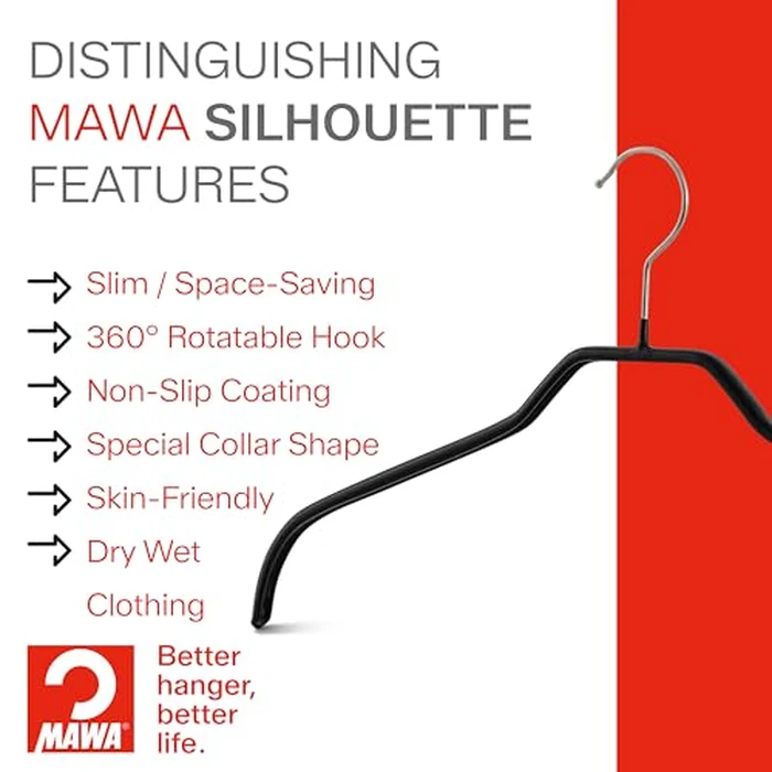 Mawa by Reston Lloyd Silhouette Series Non-Slip Space Saving Clothes Hanger for Shirts and Dresses, Style 41/F, Set of 12, White by MAWA - Image 2