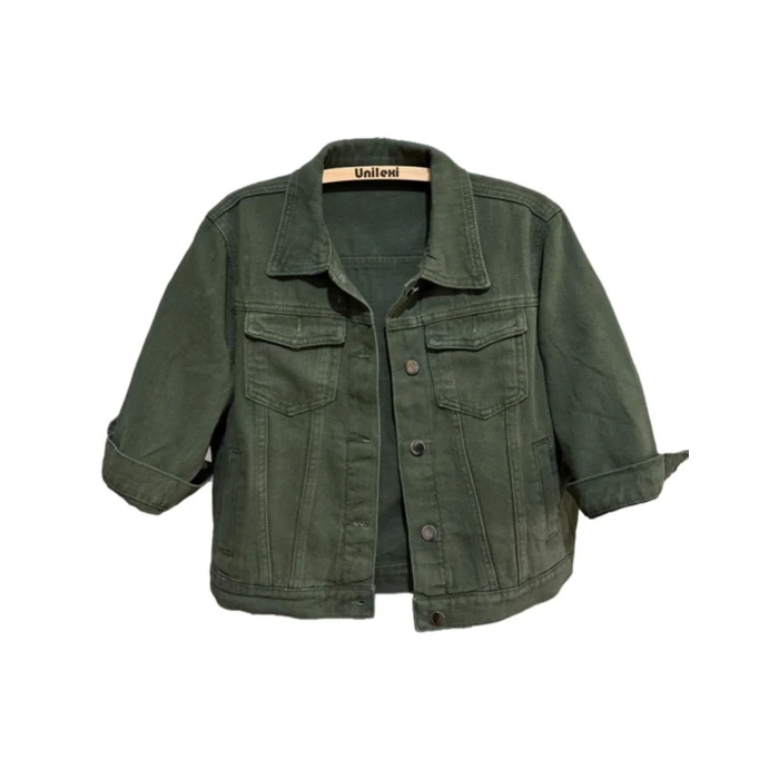 Unilexi Women's 3/4 Sleeve Colored Cropped Denim Jacket Light Wash Short Jean Jacket Trucker Coat(0096-ArmyGreen-L) by Unilexi - Used - Like New condition - US$31.34