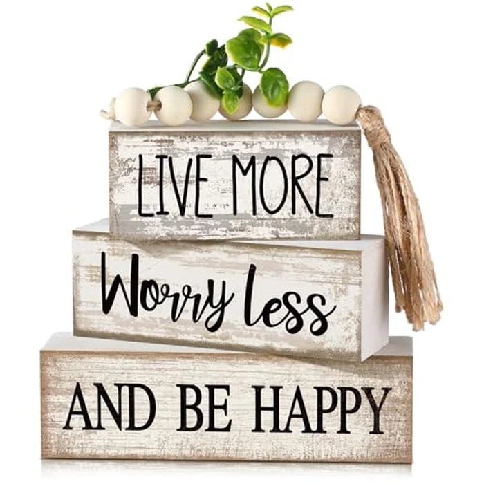 Moucuny 4 Pcs Inspirational Farmhouse Table Decor Rustic Stacked Wooden Block Sign - Live More Worry Less Be Happy Centerpieces Set with Beaded Tassel and Artificial Plant for Home, Office, Shelf Gift by Moucuny - Used - Like New condition - US$16.14