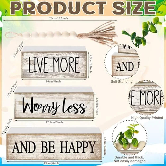 Moucuny 4 Pcs Inspirational Farmhouse Table Decor Rustic Stacked Wooden Block Sign - Live More Worry Less Be Happy Centerpieces Set with Beaded Tassel and Artificial Plant for Home, Office, Shelf Gift by Moucuny - Image 3