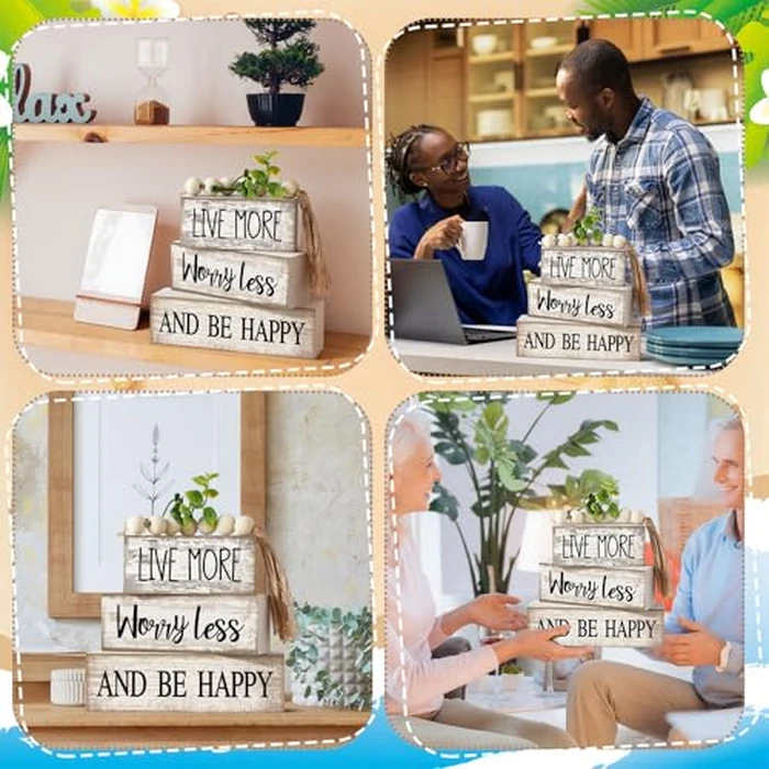 Moucuny 4 Pcs Inspirational Farmhouse Table Decor Rustic Stacked Wooden Block Sign - Live More Worry Less Be Happy Centerpieces Set with Beaded Tassel and Artificial Plant for Home, Office, Shelf Gift by Moucuny - Image 4