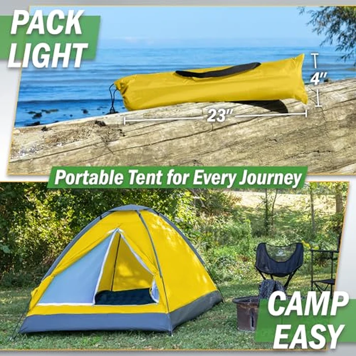 2 Person Camping Tent with Rain Fly and Carrying Bag - Lightweight Outdoor Tent for Backpacking, Hiking, or Beach Use by Wakeman Outdoors (Yellow) by Wakeman - Image 5